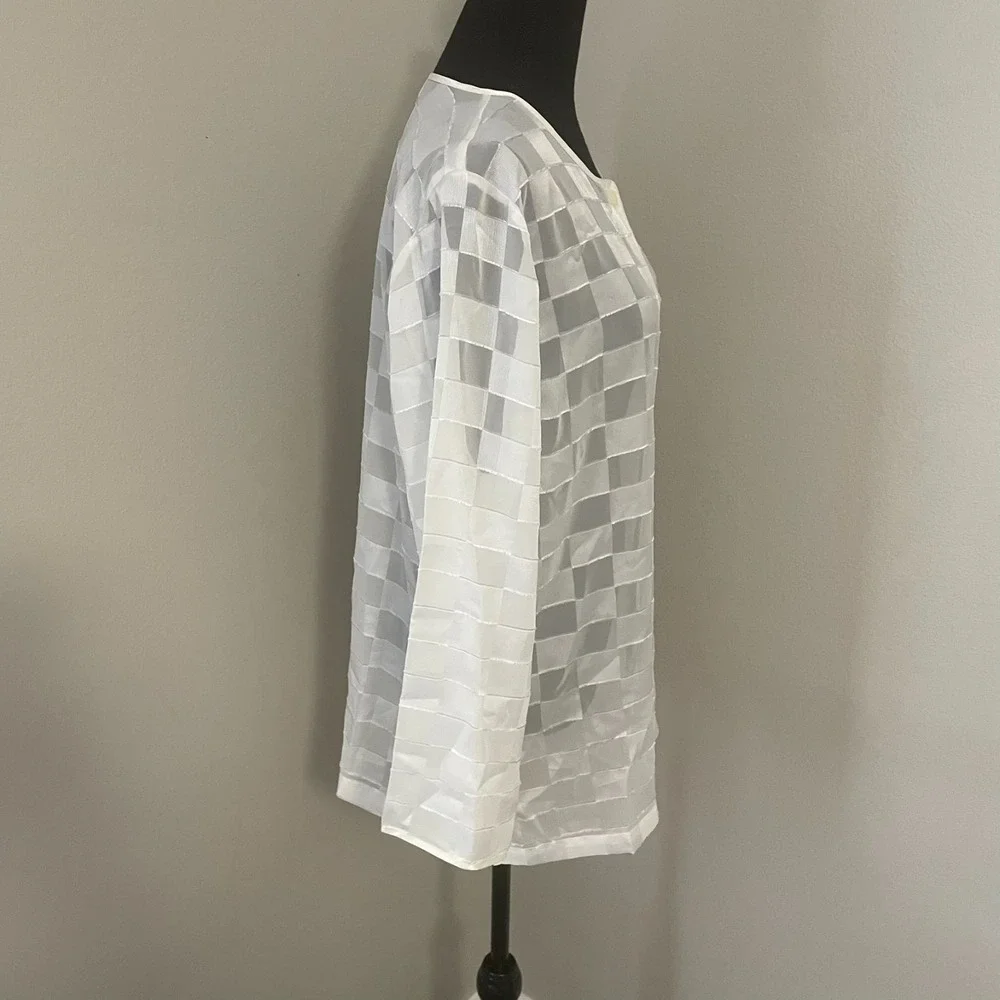 Vintage JOSIE By NATORI‎ Sz M Ivory Checkerboard Sheer Button Front Shirt Lounge